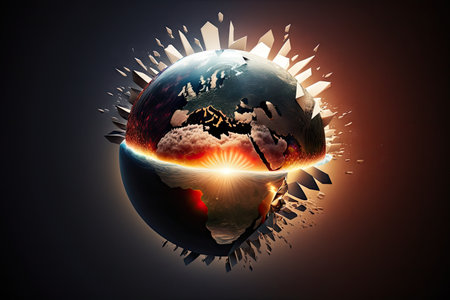 a rising sun illuminating a globe, with rays of light shining through the continents., created with generative aiの素材