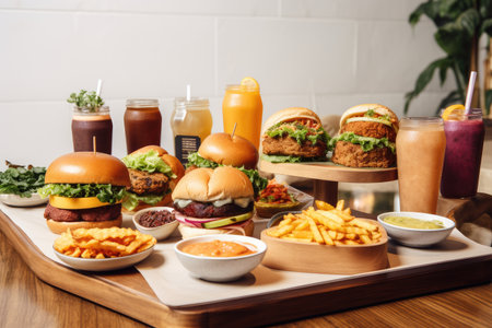 plant-based fast food restaurant with menu of veggie burgers, salads, and smoothies, created with generative aiの素材