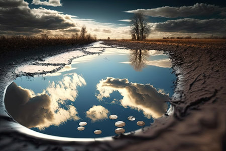 puddle of water with reflection of the sky and a view of the clouds in the background, created with generative aiの素材