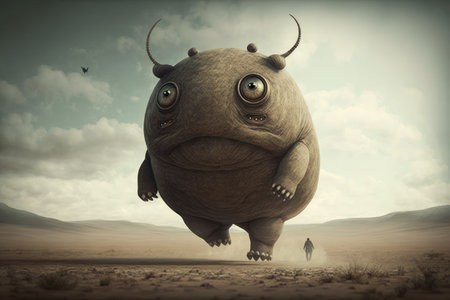 fantasy image of creature walking in air with big head and paws, created with generative aiの素材