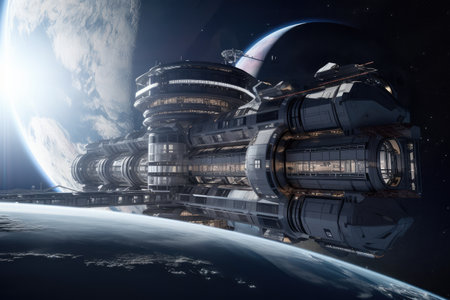 a futuristic space station, with an exterior view of the starry expanse and visible planets in the background, created with generative aiの素材