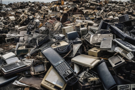 electronic scrapyard, with piles of old computers, phones and other devices, created with generative aiの素材
