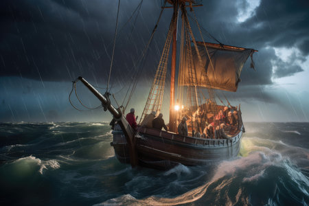 crew of pirate ship sailing through stormy sea, with lightning flashing in the distance, created with generative aiの素材