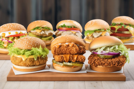 lineup of fast food restaurants, each with their own unique vegan and vegetarian options, created with generative aiの素材