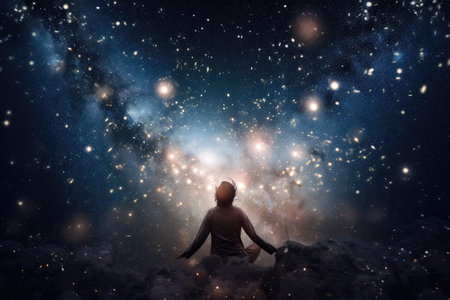 person, drifting through dreamlike world of visions and stars, created with generative aiの素材