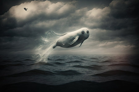 flying ghost floating in air over sea creature walking in air, created with generative aiの素材