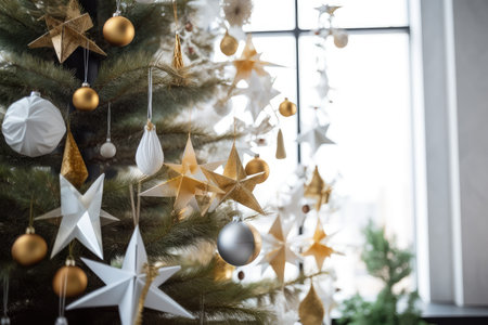 a cheery white tree decorated with gold and silver ornaments, topped by a star, created with generative aiの素材
