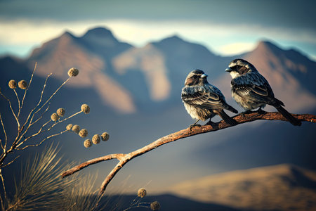 two bird perched on branch, with view of scenic mountain range, created with generative aiの素材