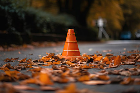 traffic cone surrounded by autumn leaves on a windy day, created with generative aiの素材