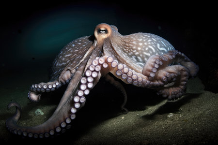 octopus kraken lurks in shadowy depths, waiting to attack its unsuspecting prey, created with generative aiの素材