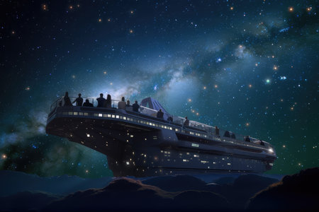 space tourism ship, floating among the stars, with its passengers watching the view in awe, created with generative aiの素材