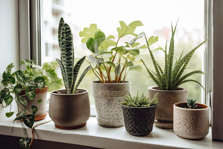 group of houseplants in concrete flowerpots on window sill, created with generative aiの素材