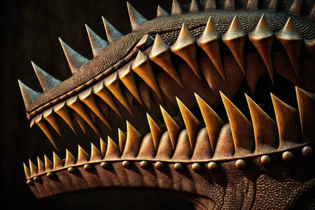 close-up of stegosaurus toothy jaws, with its unique double row of teeth on display, created with generative aiの素材