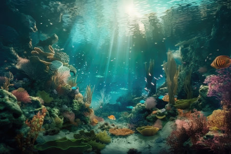 dreamlike scene with a surrealistic underwater landscape, filled with colorful aquatic life, created with generative aiの素材