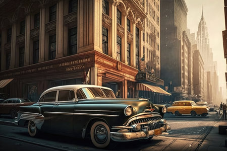 vintage car parked on busy street, surrounded by towering buildings and bustling city life, created with generative aiの素材