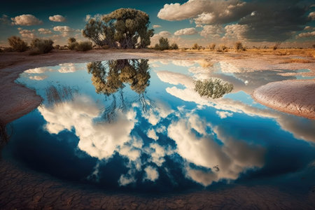 puddle with reflections of the clouds and sky in a tranquil setting, created with generative aiの素材