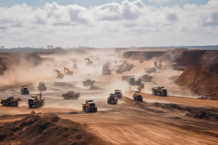 surface mining operation, with massive earthmoving equipment moving dirt and rock, created with generative aiの素材