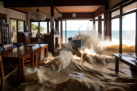 tsunami wave crashes into beach house, flooding the interior, created with generative aiの素材