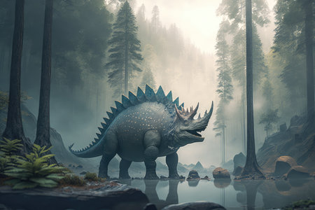 stegosaurus in misty forest, with tall trees and water nearby, created with generative aiの素材