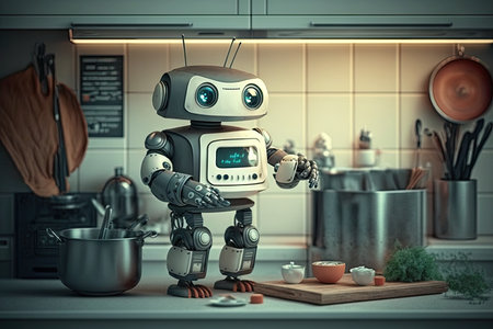 cute robot assistant, assisting with cooking in modern kitchen, created with generative aiの素材