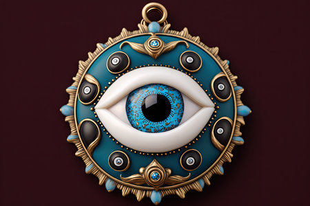 evil eye amulet, adorned with black and white stones, against a blue background, created with generative aiの素材