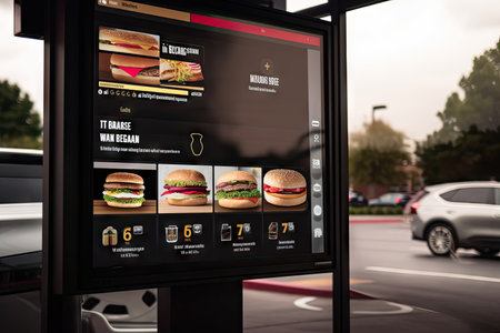 drive-thru window with mobile ordering option, displaying menu and payment options, created with generative aiの素材