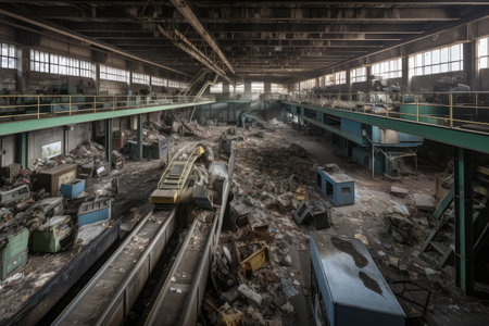 e-waste recycling facility, with conveyor belts and compactor machines sorting through e-waste, created with generative aiの素材
