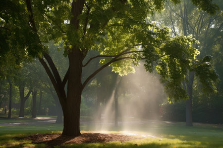 sprinkler misting the leaves of a tree, creating a peaceful scene, created with generative aiの素材