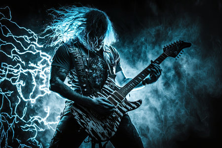heavy metal guitarist, shredding on electric guitar, in dark and brooding setting, created with generative aiの素材