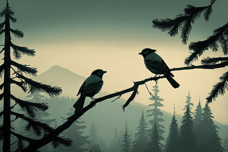 two birds perched on branch, looking out over forest, created with generative aiの素材