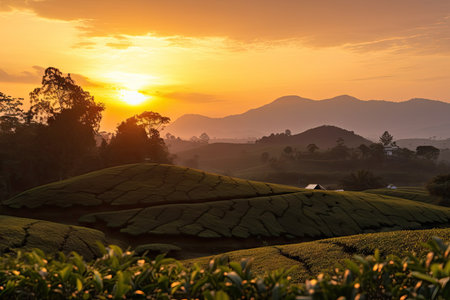 view of sunset over tea plantation, with silhouette of mountains in the background, created with generative aiの素材