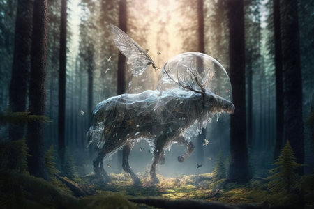 beautiful magical fantasy creature walking in air among transparent forests, created with generative aiの素材
