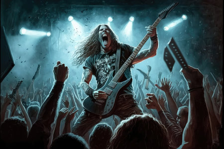 heavy metal guitarist, shredding away on stage, with mass of fans cheering in the background, created with generative aiの素材