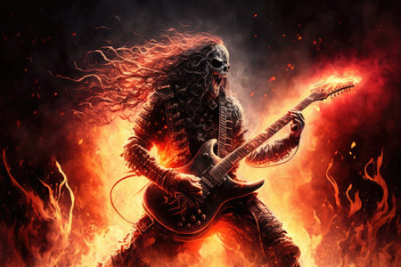 heavy metal guitarist, playing fast and furious solo, with smoke and flames in the background, created with generative aiの素材