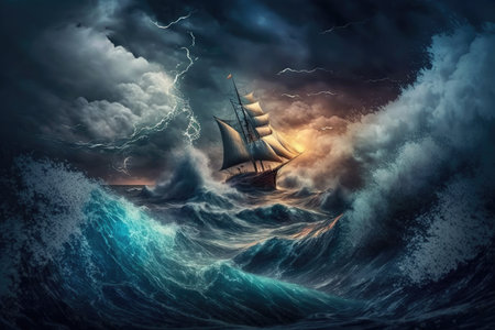 swooping waves on sea sailing in a storm among lightning and clouds, created with generative aiの素材