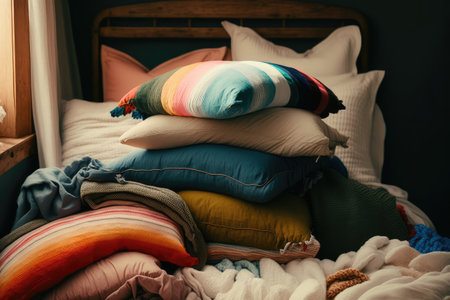 pile of pillows on bed, surrounded by colorful blankets, created with generative aiの素材