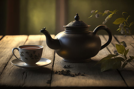 teapot on wooden table with tea and cup, in peaceful setting, created with generative aiの素材
