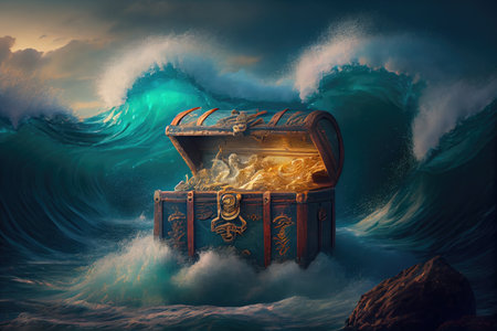 treasure chest surrounded by stormy ocean, with waves crashing against it, created with generative aiの素材