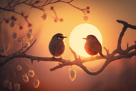 two birds sitting on branch, with the sun shining behind them, created with generative aiの素材