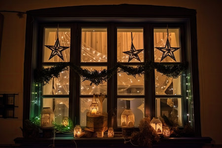 window with lanterns, wreaths and stars in the evening, created with generative aiの素材