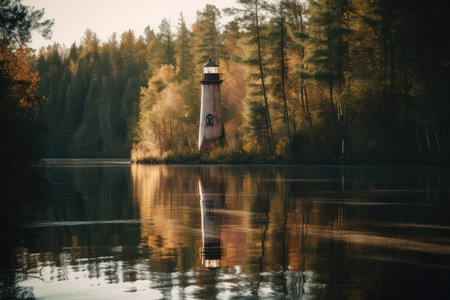 reflection of lighthouse in still, quiet lake, surrounded by forest, created with generative aiの素材