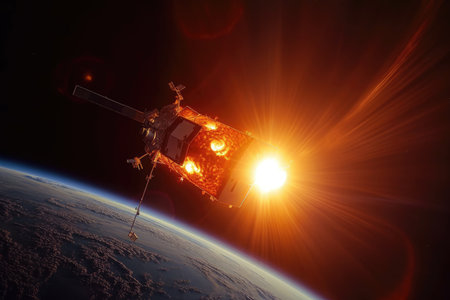 a satellite, surrounded by flares and storms, in full view of the sun, created with generative aiの素材