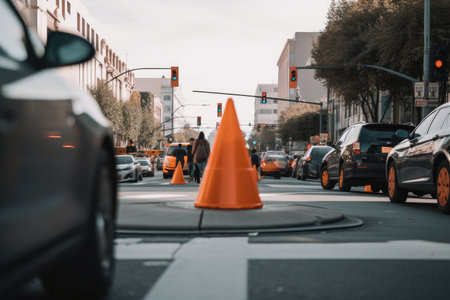 traffic cone in the middle of a busy intersection, with cars and people rushing by, created with generative aiの素材