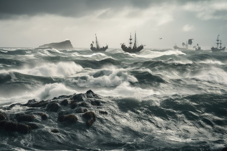 stormy sea, with viking ship riding the waves, created with generative aiの素材