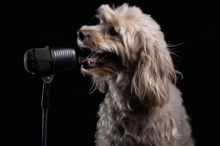 dog on stage, crooning into microphone with tone-perfect vocals, created with generative aiの素材
