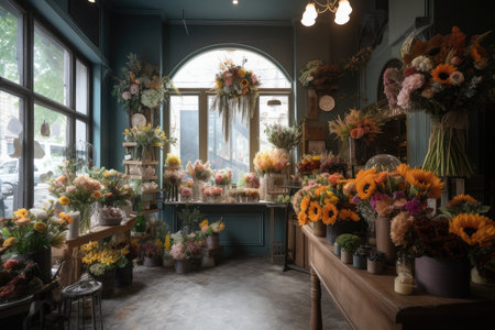 the interior of flower shop, with eye-catching arrangements and handcrafted elements, created with generative aiの素材