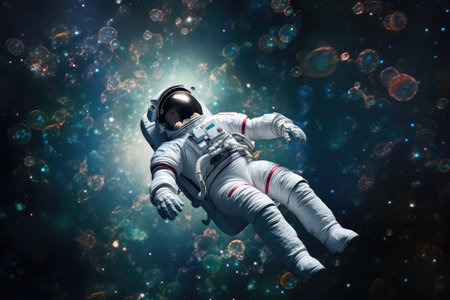space tourist floating in zero gravity, with the stars and planets visible above, created with generative aiの素材