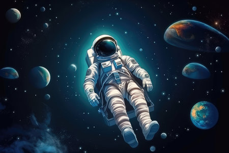 space tourist, floating in zero gravity, with view of the stars and planets, created with generative ai