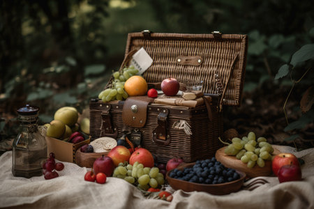 picnic basket overflowing with fruit and treats, ready for a day of adventure, created with generative aiの素材