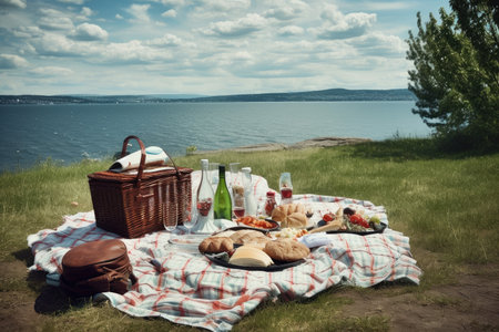 summer picnic scene, with a view of the ocean or lake in the background, created with generative aiの素材
